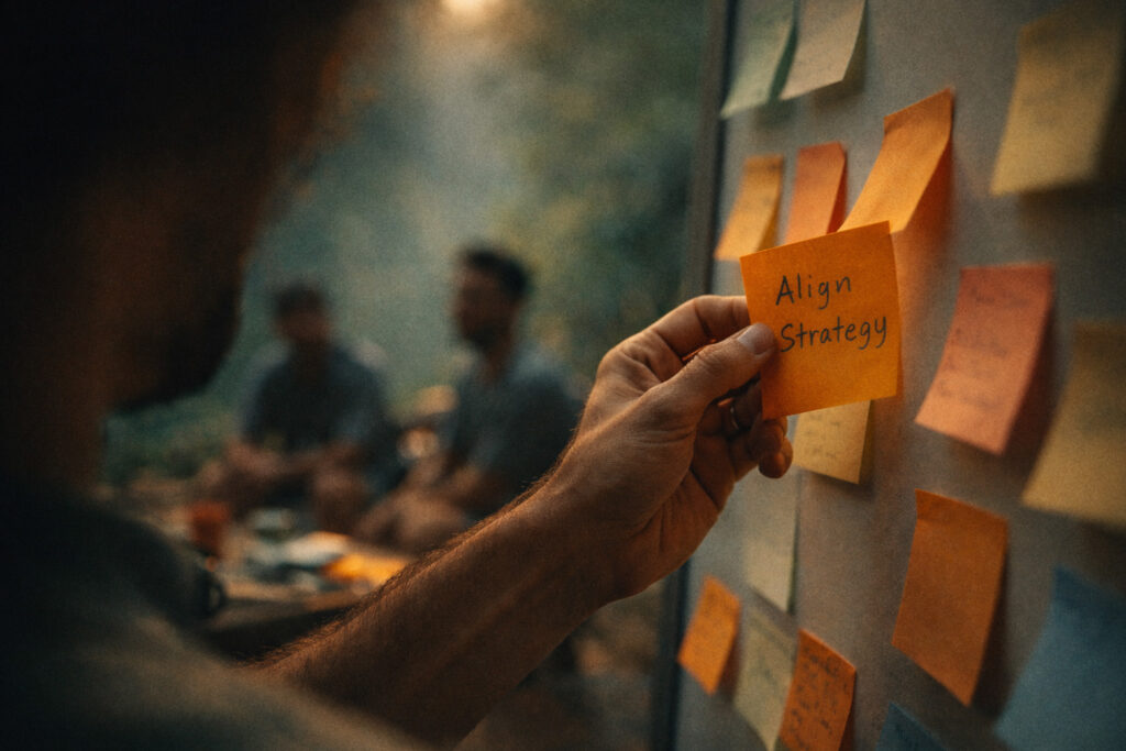 Over-the-shoulder close-up of a hand placing an orange Post-it reading “Align Strategy” on a board during a strategy offsite in the Amazon rainforest, shallow depth of field, dark green jungle tones with warm orange accents, collaborative group discussion blurred in the background.